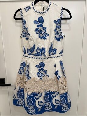 Alexis White Dress with Blue Floral Embroidery and Cream Lace